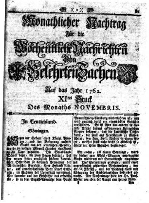 Monathlicher Nachtrag [...] Auf das Jahr 1762. XItes Stuck Des Monaths Novembris