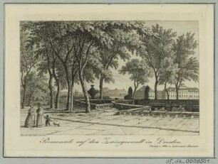 Ansicht der Promenade auf dem Zwigerwall, Radierung. um 1840 : Promenade auf den Zwingerwall in Dresden / Pescheck del. et. sc. - Dresden : Otto u. Lehmann, [ca. 1840]. - 1 Kunstblatt : Radierung ; 10,6 x 6,8 cm