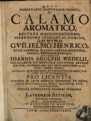 Dissertatio Inavgvralis Medica, De Calamo Aromatico