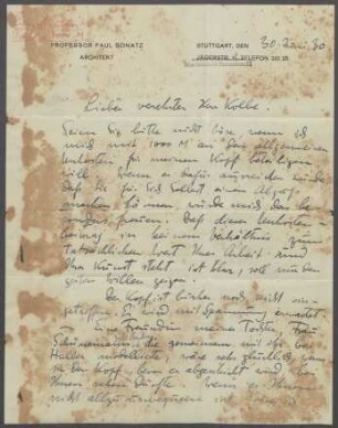 Brief von Paul Bonatz an Georg Kolbe