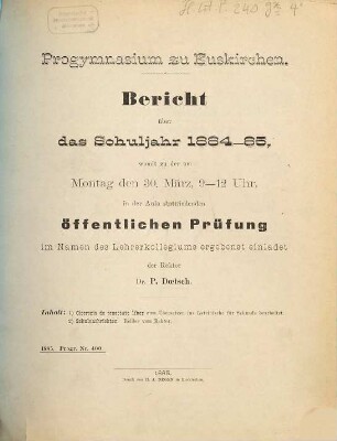 Bericht : über das Schuljahr .... 1884/85