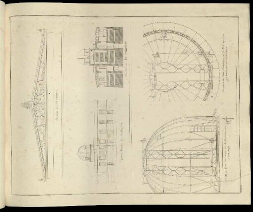 Abbildung 132. Fronten der Sternwarte. / Seiten-Façade der Sternwarte. / Durchschnitt der Sternwarte. / Ansicht der Eisen-Construction und des Maschinenwerks der Drehkuppel. / Grundriss der Eisen-Construction und des Maschinenwerks der Drehkuppel auf der Sternwarte.