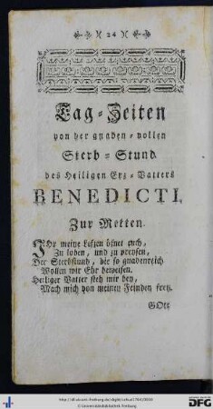 Tag-Zeiten von der gnaden-vollen Sterb-Stund des Heiligen Erz-Vatters Benedicti.