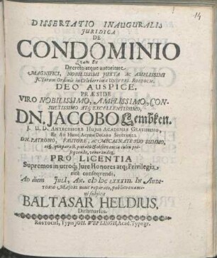 Dissertatio Inauguralis Juridica De Condominio