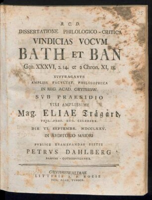 Dissertatione Philologico-Critica Vindicias Vocvm Bath Et Ban Gen. XXXVI, 2. 14 et 2 Chron. XI, 18. ...
