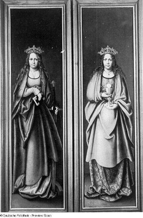 Flügelaltar (geschlossen): links Heilige Katharina, rechts Heilige Barbara