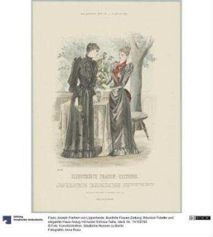 Illustrirte Frauen-Zeitung: Réunion-Toilette und eleganter Haus-Anzug mit kurzer Schoss-Taille