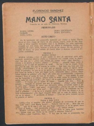 Mano santa : comedia en un acto de Florencio Sánchez