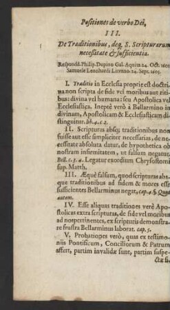 III. De Traditionibus, ... Scriptuarum necceßitate [&] Sufficientia.