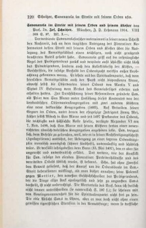 120-121 [Rezension] Schnitzer, Joseph, Savonarola im Streite mit seinem Orden und seinem Kloster