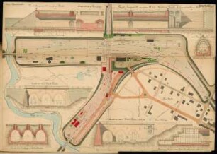 Kreuzungsbahnhof Monatskonkurrenz November 1875: Lageplan, verschidene Längsschnitte und Querschnitte; Maßstabsleiste, Maßangaben