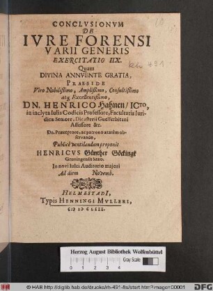 Conclusionum De Iure Forensi Varii Generis Exercitatio IIX.