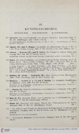 IV. Kunstgeschichte. Archäologie - Bibliographie - Kunstgewerbe (Nr. 427 -655)