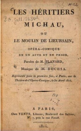 Les héritiers Michau, ou le moulin de Lieursain : opéra-comique en un acte et en prose