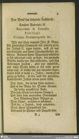 Der Brief hat folgende Auffschrift: Kaysers Rudolphi II. Renovatio & Extensio Privilegii Civitatis Norimbergensis &c.