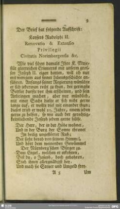 Der Brief hat folgende Auffschrift: Kaysers Rudolphi II. Renovatio & Extensio Privilegii Civitatis Norimbergensis &c.