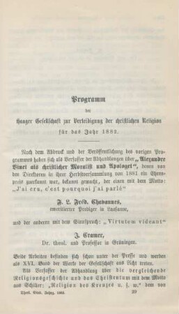 437-444 Programm der Haager Gesellschaft zur Verteidigung der christlichen Religion für das Jahr 1882
