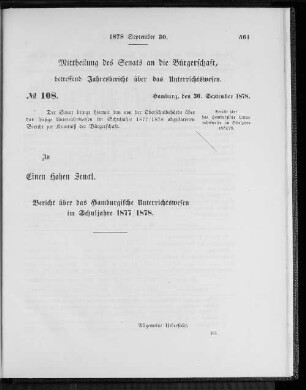 Bericht über das Hamburgische Unterrichtswesen im Schuljahre 1877/1878.