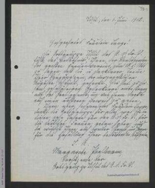 Brief von Margarete Poehlmann an Helene Lange