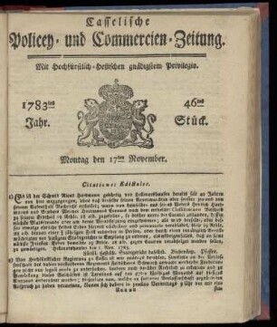 46tes Stueck, Montag den 17ten November. 1783