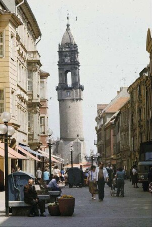 DDR. Bautzen. Reichenstraße. Blick zum Reichenturm (1490-1492; Wiederaufbau nach Brand 1715-1718)