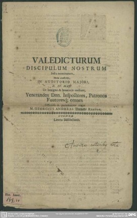 Valedicturum Discipulum Nostrum : Infra nominatum, Hora consueta, In Auditorio Maiori, D. XV. Maii ...; [De America veteribus cognita]