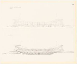Stadion Oberwiesenfeld, München: Mappe »Wettbewerb Stadion München, Entwurf Professor Werner March«. Außenansicht Süd und Schnitt West-Ost mit Innenansicht Nord (Anzeigetafel) ca. 1:660