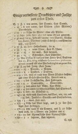 Einige verbesserte Druckfehler und Zusätze zum ersten Theil.