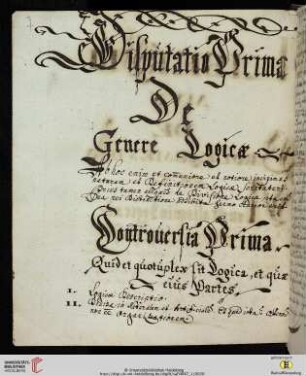 Disputatio I: De Genere Logicae