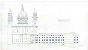 Gsaenger, Gustav; München, Theatinerstr.; Bayerisches Kultusministerium, Erweiterung - Erweiterungsbau Ausführungsplan, Mitteltrakt Westseite (Ansicht m. Schnitt)