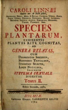 Caroli Linnaei ... Species Plantarum : Exhibentes Plantas Rite Cognitas, Ad Genera Relatas ; Cum Differentiis Specificis, Nominibus Trivialibus, Synonymis Selectis, Locis Natalibus, Secundum Systema Sexuale Digestas, 2