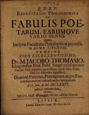 Exercitatio Philosophica De Fabulis Poetarum, Earumqve [Earumque] Vario Sensu