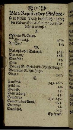 Blat-Register der Städte so in diesem Buch befindlich
