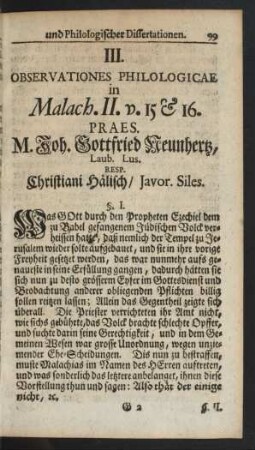 III. Observationes Philologicae in Malach. II. v. 15 et 16. ...