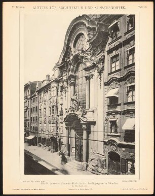 Johannes Nepomuk-Kirche, München: Ansicht von der Straßenseite (aus: Blätter für Architektur und Kunsthandwerk, 11. Jg., 1898, Tafel 13)