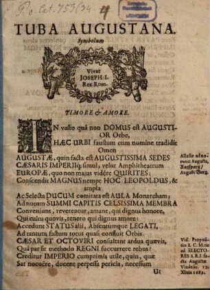 Tuba Augustana : Symbolum Vivat Joseph: I. Rex Rom.