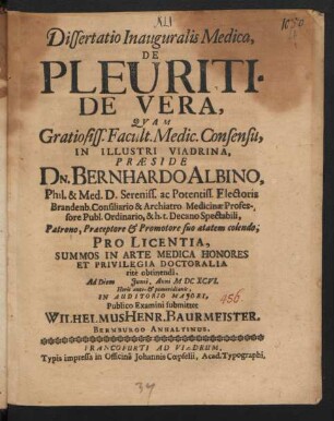 Dissertatio Inauguralis Medica, De Pleuritide Vera