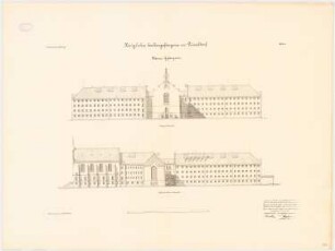 Zellengefängnis, Düsseldorf Männergefängnis: Vorderansicht, Seitenansicht 1:200
