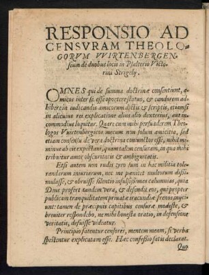 Responsio Ad Censuram Theologorum Wirtenbergensium de duobus locis in Psalterio Victorini Strigelii.