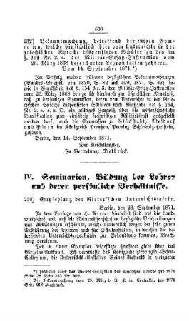Empfehlung der Rieter`schen Unterrichtstafeln : [IV. Seminarien, Bildung der Lehrer und deren persönliche Verhältnisse]