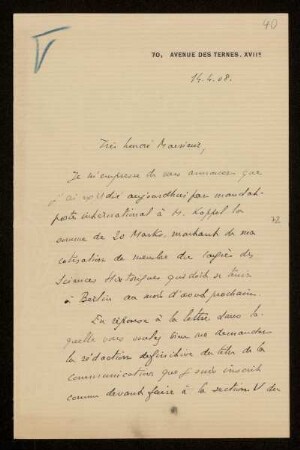 40: Brief von Paul Frédéric Girard an Otto von Gierke, Paris, 14.4.1908