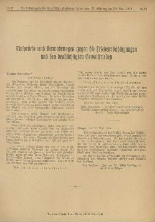 Einsprüche und Verwahrungen gegen die Friedensbedingungen und den beabsichtigten Gewaltfrieden