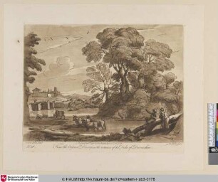 [Landschaft mit Hirtenpaar neben einem umgelegten Baumstamm und Kühen im Wasser.; A Landscape, with Peasants and Cattle.]