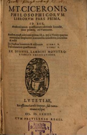 Philosophici libri M. T. Ciceronis philosophicorum librorum pars ..., 1. Academicarum quaestionum ed. 2, liber primus: Ad Varronem. - 1573. - S. 4135-4655. - Enth. außerdem u.a.: Academ. quest. ed. 1, lib. 2 ...: Lucullus