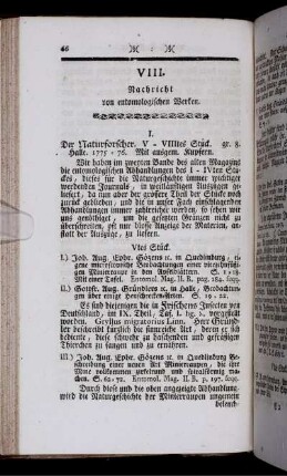 VIII. Nachricht von entomologischen Werken.