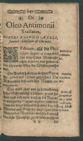 De Oleo Antimonii Tractatus, Rogeri Baconis Angli, summi Philosophi & Chemici.
