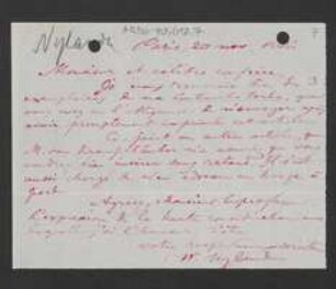 Brief von William Nylander an Unbekannt
