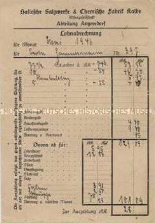 Lohnzettel der Halleschen Salzwerke und Chemische Fabrik Kalbe - Familienkonvolut