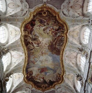 Exemtion des Klosters durch Papst Leo III. und Christenmartyrium am Marterberg in Regensburg : Regensburg. Deckenfresko in der Pfarrkirche Sankt Emmeram