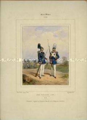Uniformdarstellung, Grenadiere der 1. und 2. Garde-Grenadier-Regimenter, Preußen, 1844. Tafel Nr. 286 aus: Galerie militaire. Collection des Costumes Militaires de toutes les Nations. Paris 1840 - 1855.